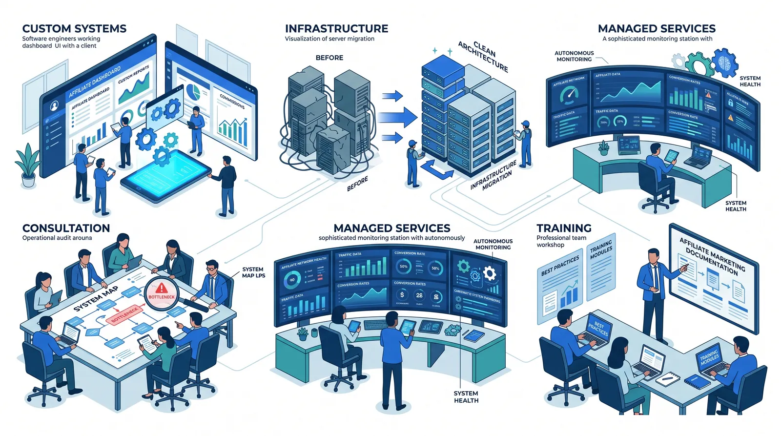 AffiliateTech services — custom systems, infrastructure, consultation, managed intelligence, training