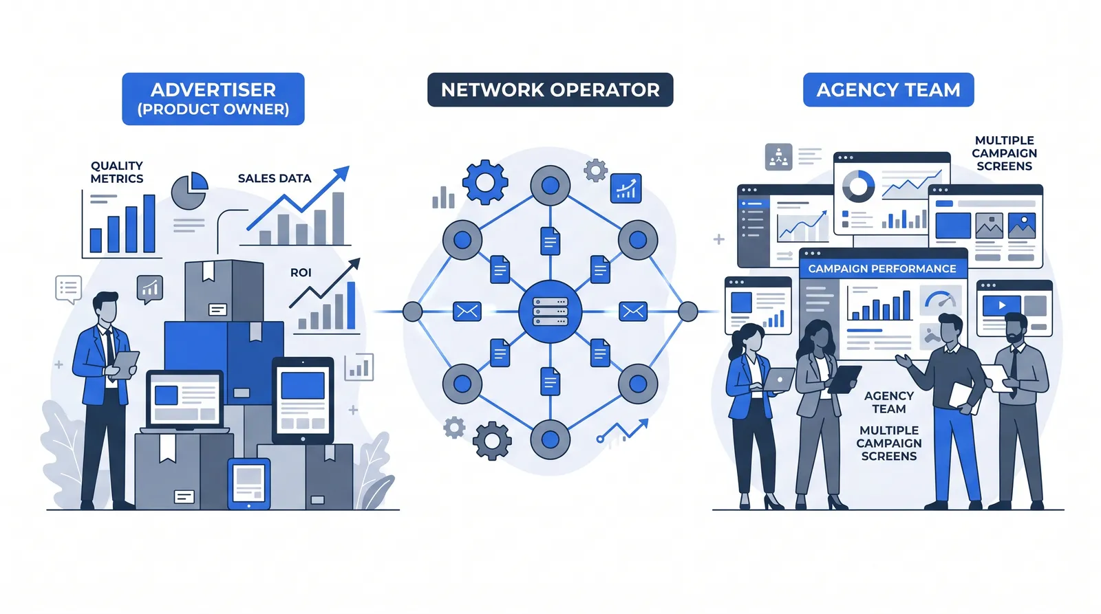 Affiliate marketing ecosystem — advertisers, networks, agencies